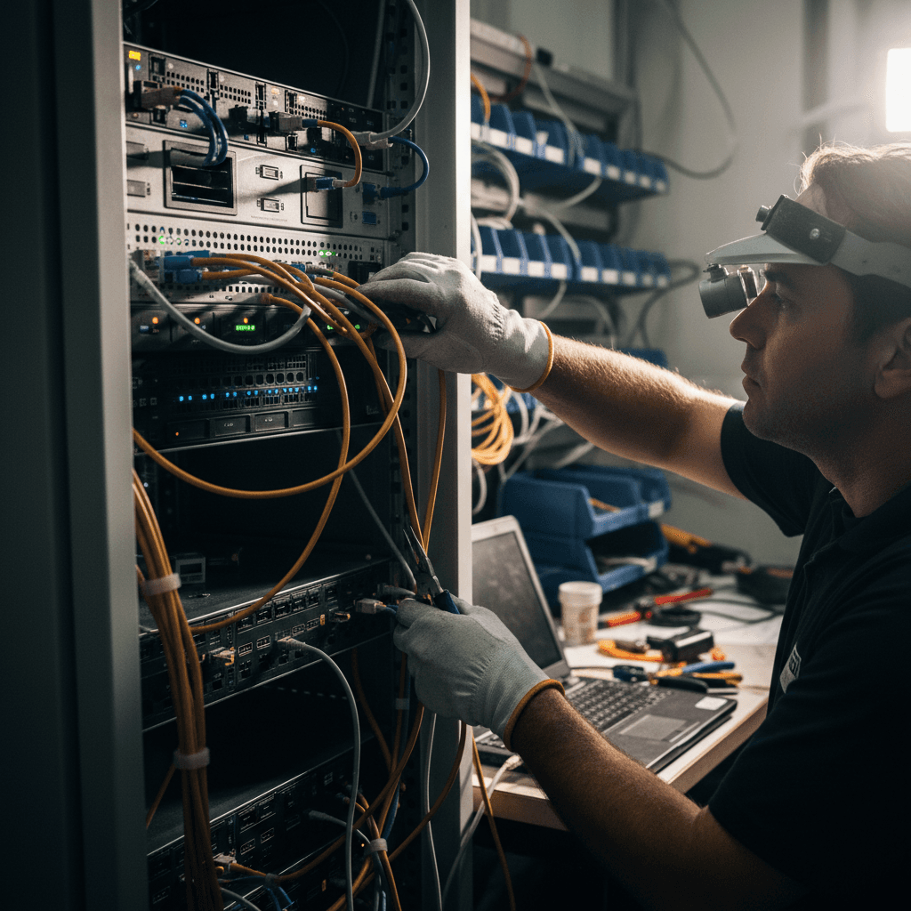 Technician inspecting server equipment with precision