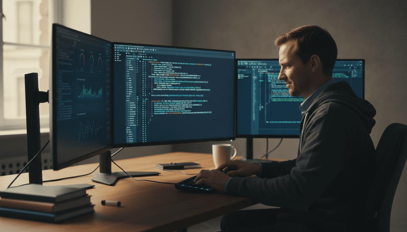 IT technician working on programming and system management at a desk with multiple monitors