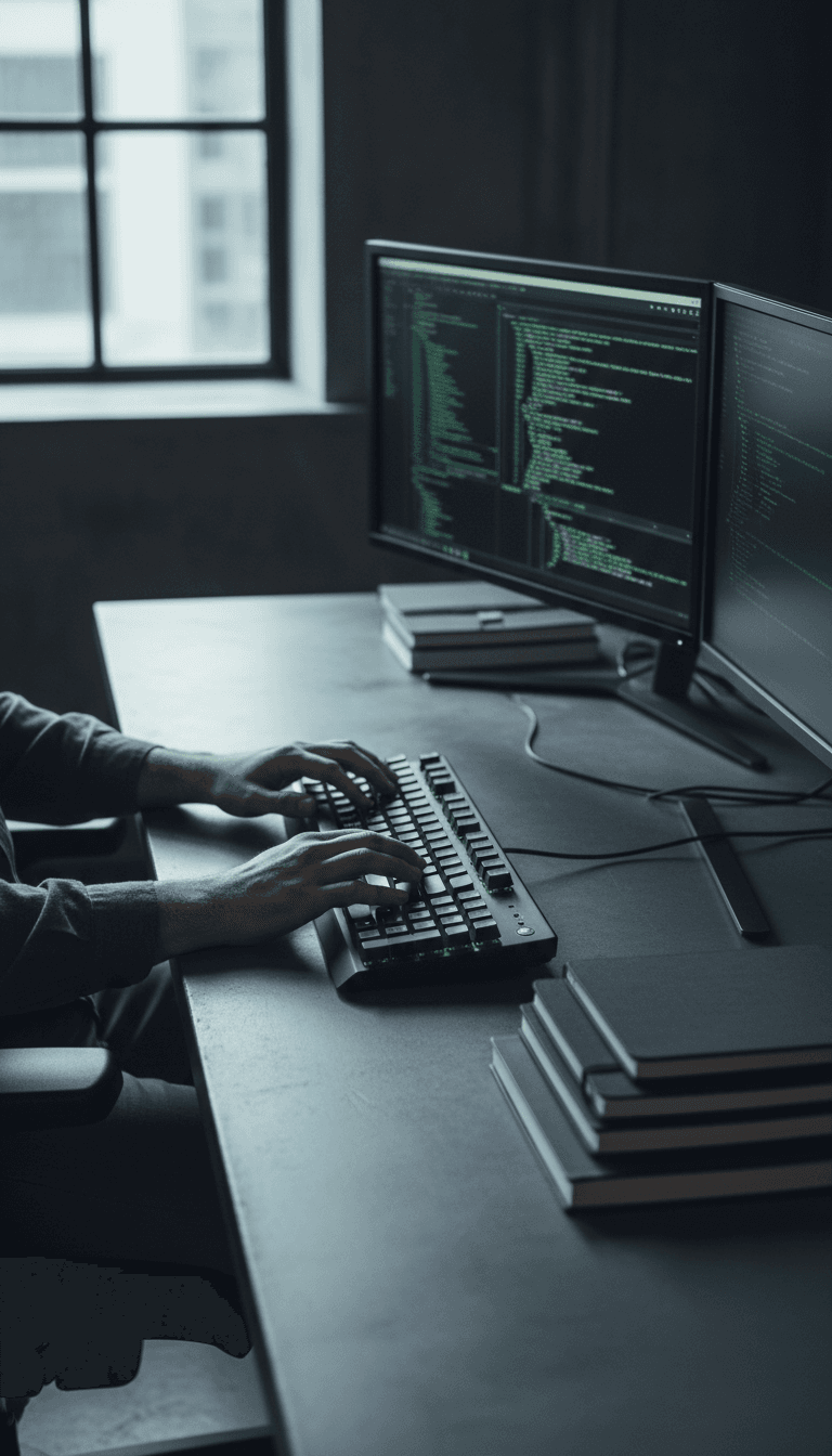 IT professional working at dual-monitor setup with code on screens