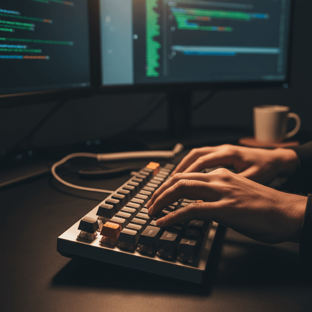 Developer typing with focused precision at keyboard