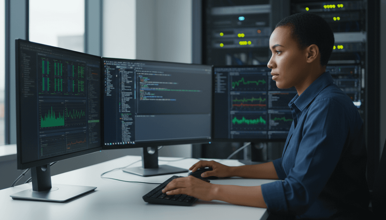 IT professional working at desk with multiple monitors showing system dashboards