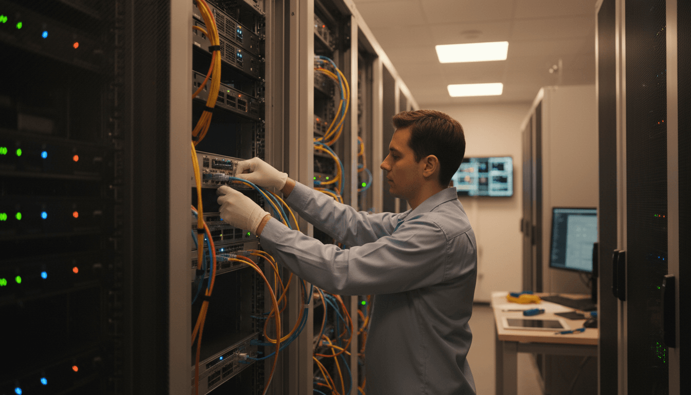 IT technician working on server equipment in a professional data center